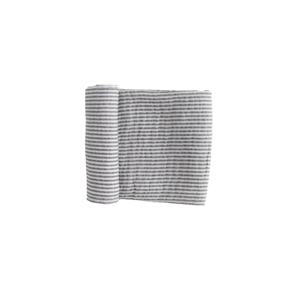 Cotton muslin swaddle blanket in a grey and white stripe on a white background
