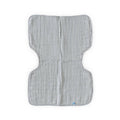 Grey striped cotton muslin burp cloth on a white background
