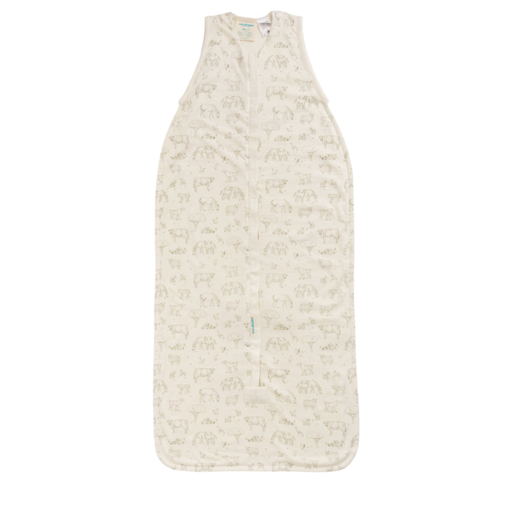 Woolbabe 3 Seasons Front Zip Sleeping Bag - Farmyard on a white  background. 