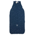 Navy blue sleeping bag with star pattern on a white background