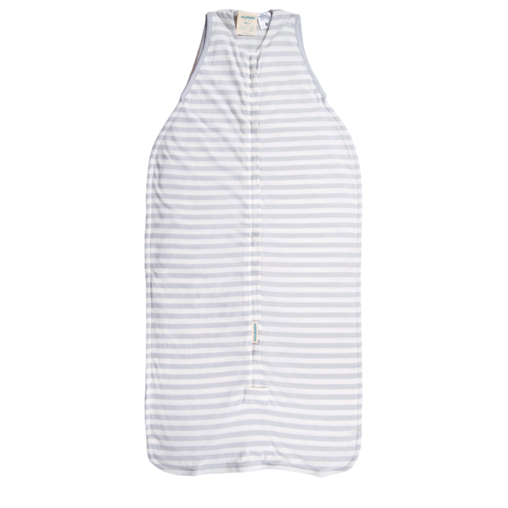 Grey and white Striped baby sleeping bag on a white background