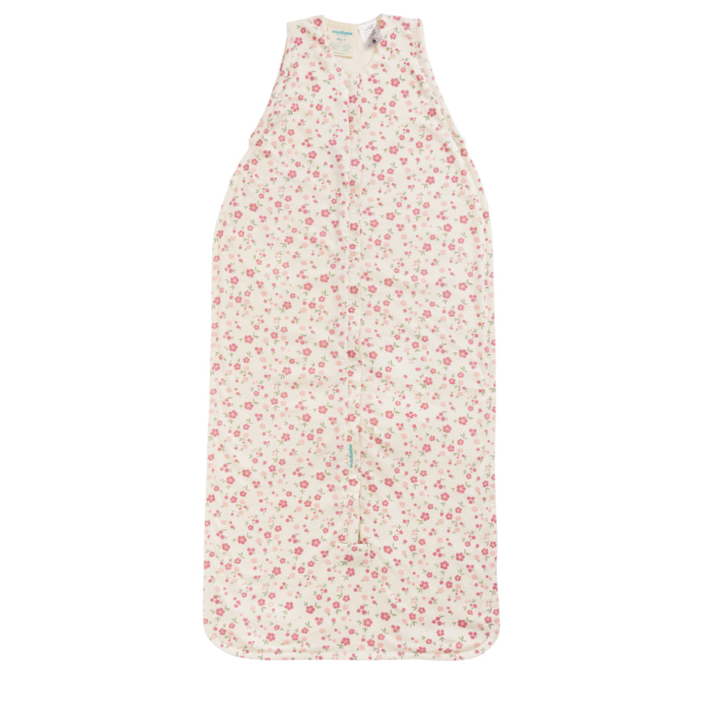 Woolbabe 3 Seasons Front Zip Sleeping Bag - Vintage Bloom on a white background. 