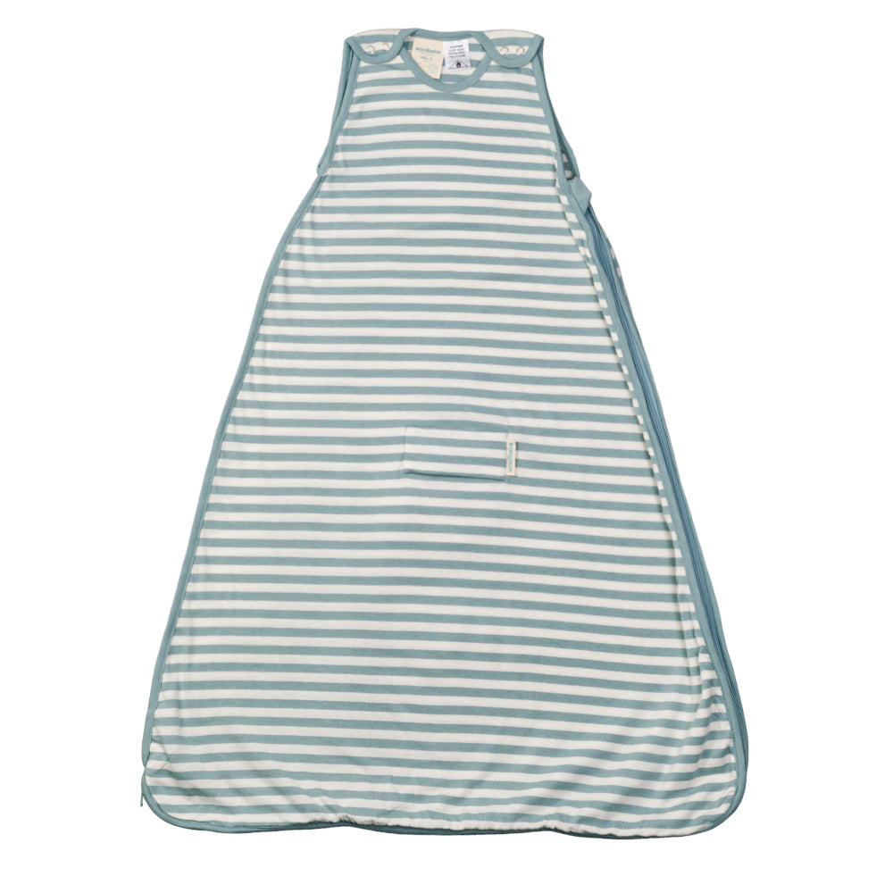 Striped baby sleeping bag with wide hem for hip baby on a white background