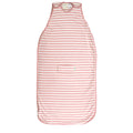 Pink and white striped woolbabe baby sleeping bag on a white background