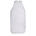Striped baby sleeping bag in pebble grey on a white background