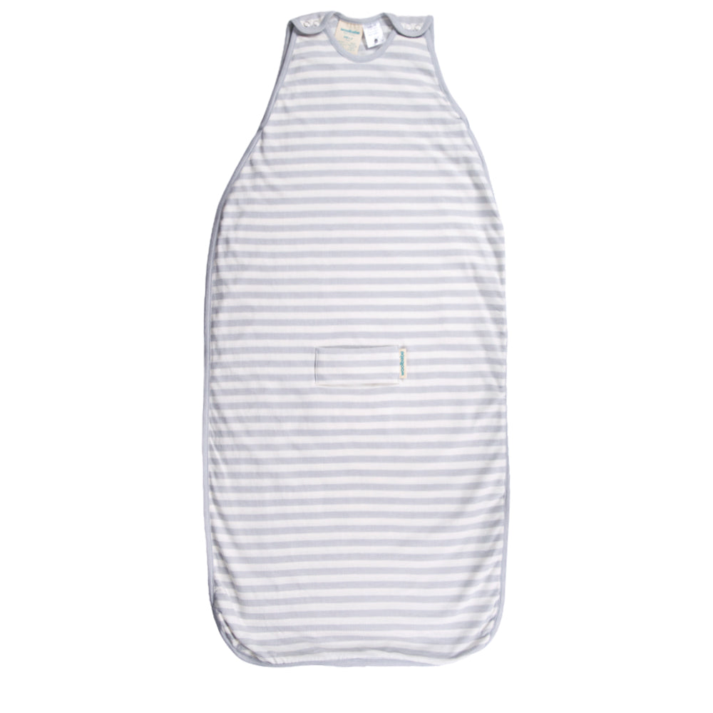 Striped baby sleeping bag in pebble grey on a white background