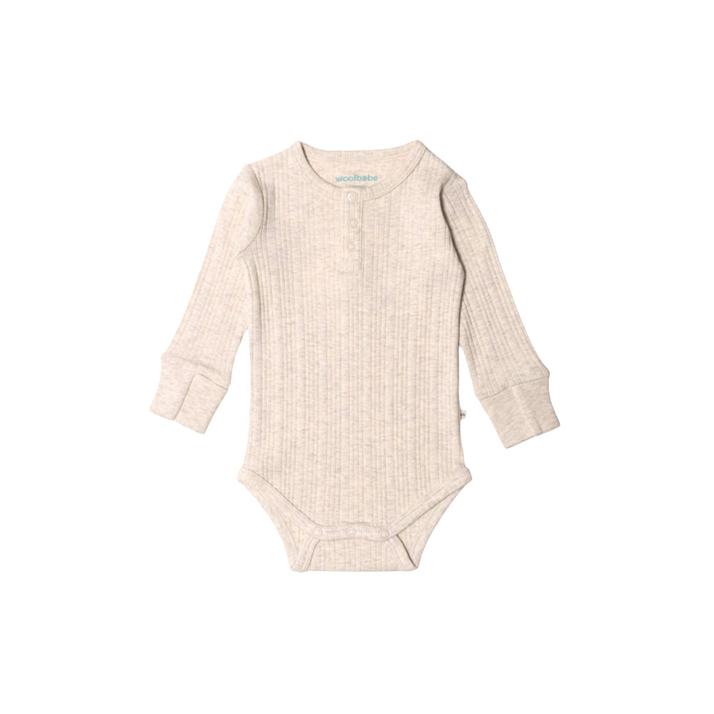 Beige woolbabe Daydream rib baby bodysuit with long sleeves on a white background