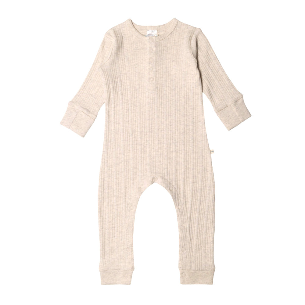 Beige woolbabe baby onesie on a white background
