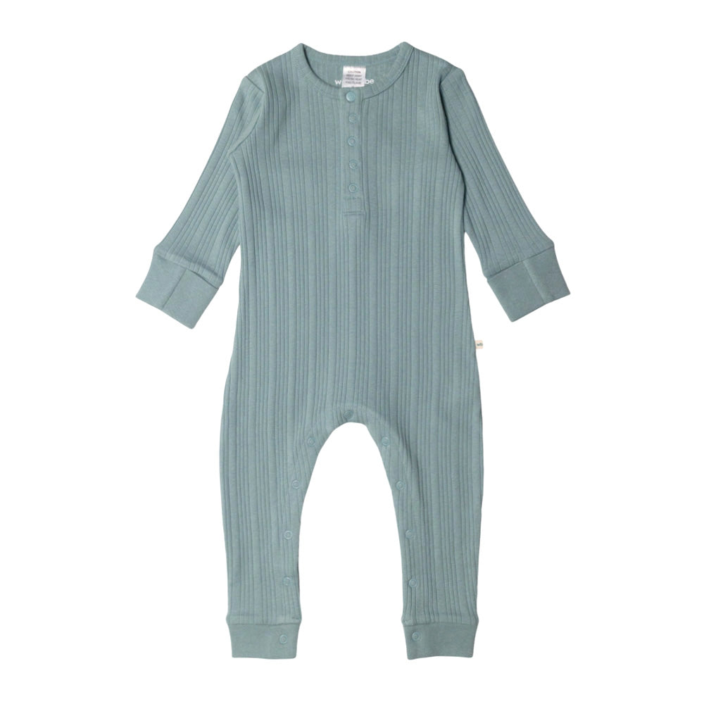 Teal ribbed woolbabe baby onesie on a white background