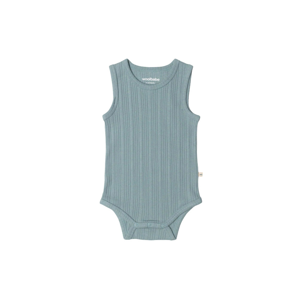 Tide merino woolbabe sleeveless bodysuit on a white background