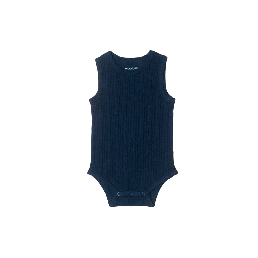 woolbabe Baby bodysuit in navy merino on a white background