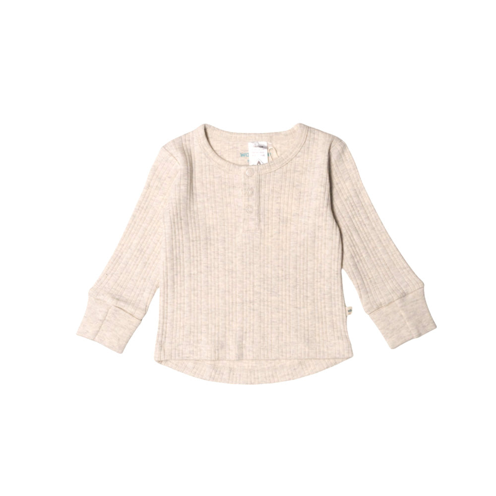 Cream marl merino woolbabe baby top on a light gray background
