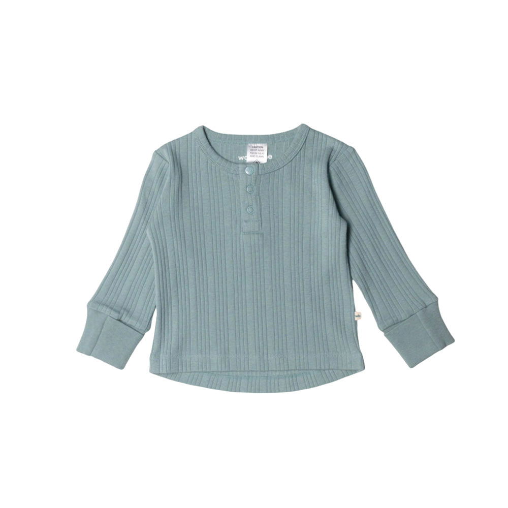 Teal ribbed long-sleeve rib merino children's top on a white background