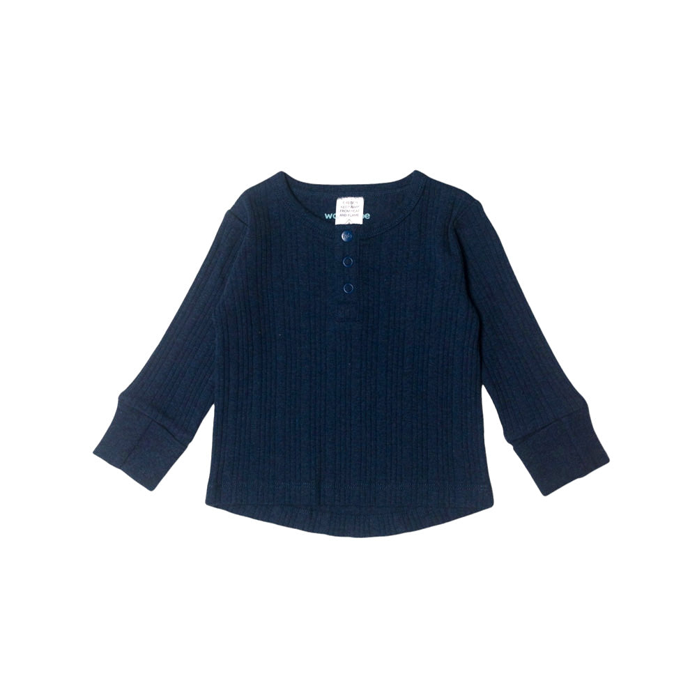 Ribbed Merino Henley Top in navy on a white background