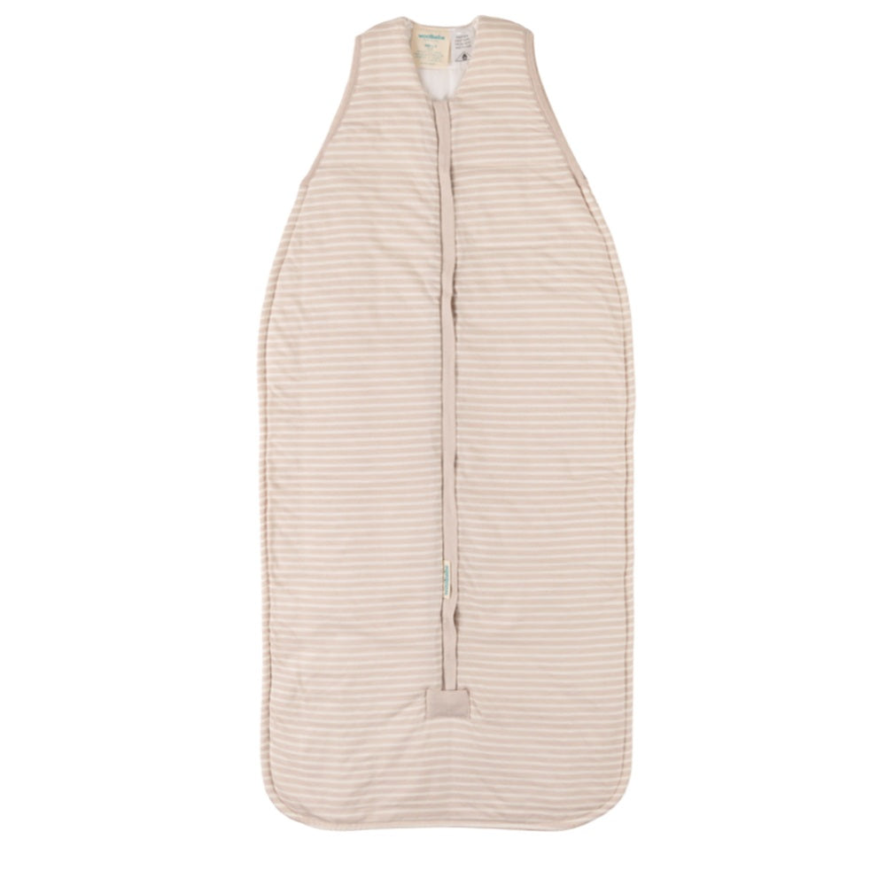 Beige striped baby sleeping bag on a white background