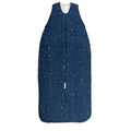 Navy blue sleeping bag with star pattern on a white background