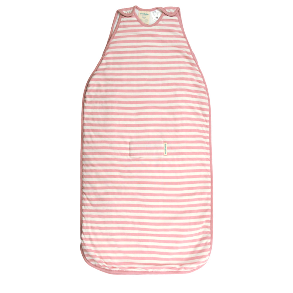 Pink and white striped side-zip baby sleeping bag on a white background