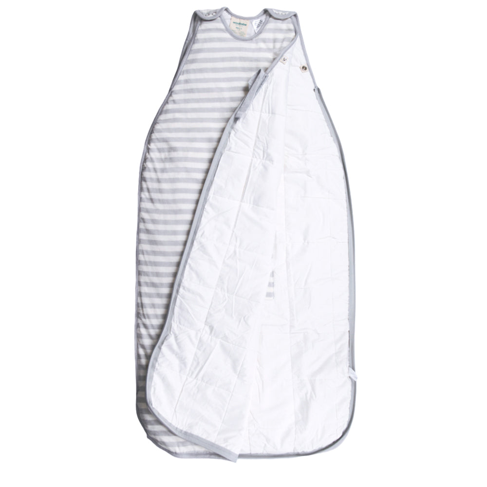 Baby sleeping bag with striped pattern on a white background