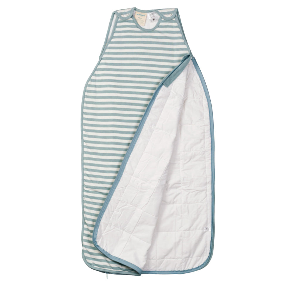 Baby sleeping bag with blue and white striped pattern on a white background