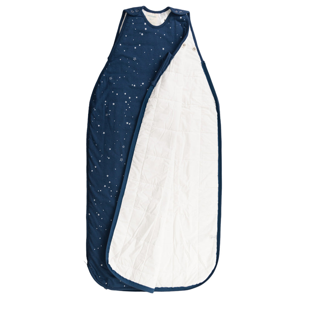 Navy and white sleeping bag with star pattern on a white background
