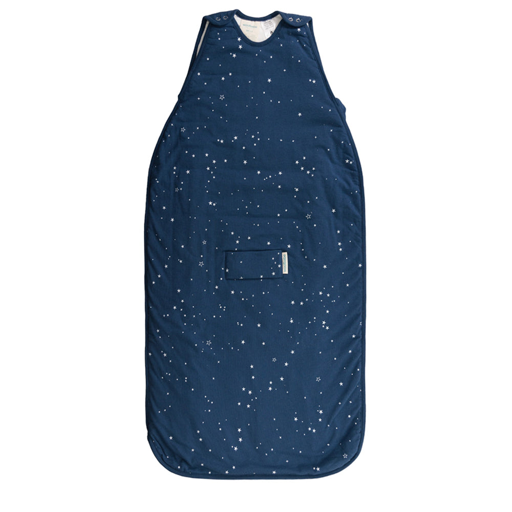 Navy blue side-zip sleeping bag with star pattern on a white background