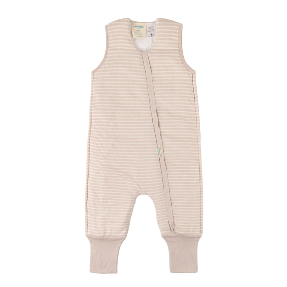 Beige toddler sleep onesie with a zipper on a white background