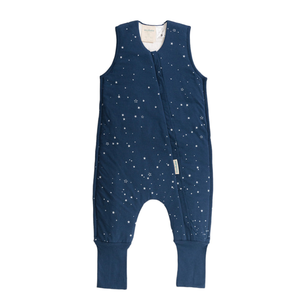 Navy blue baby romper with star pattern on a white background