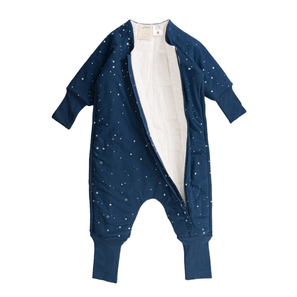 Blue baby onesie with star pattern on a white background