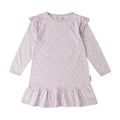 Purple dress with ruffled sleeves on a white background