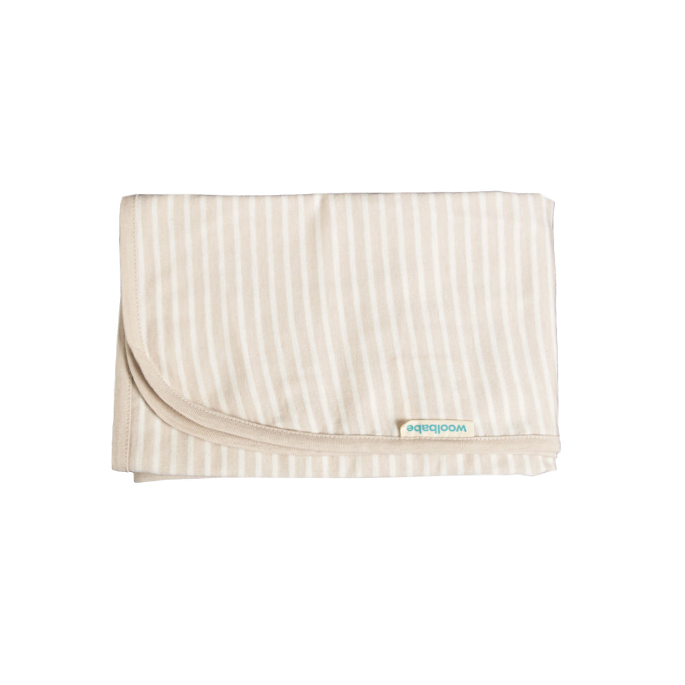 Beige Striped merino blanket with a brand logo on a white background