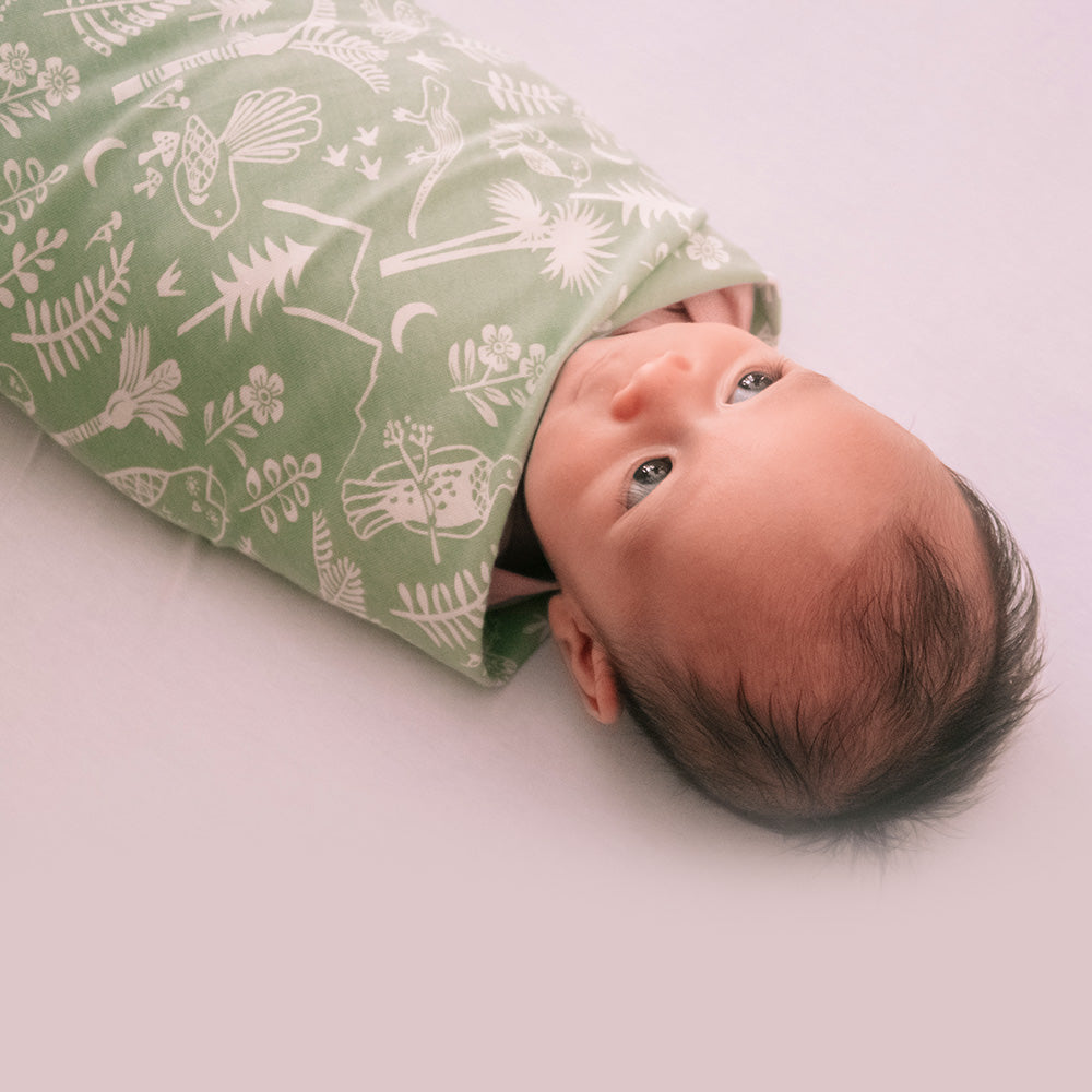 Newborn baby wrapped in a green patterned swaddle on a white background