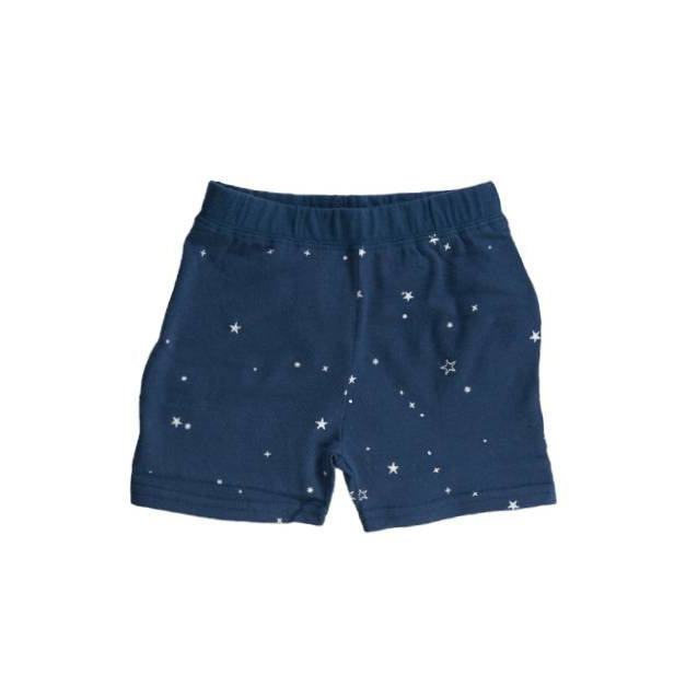Navy blue woolbabe PJ shorts with star patterns on a white background