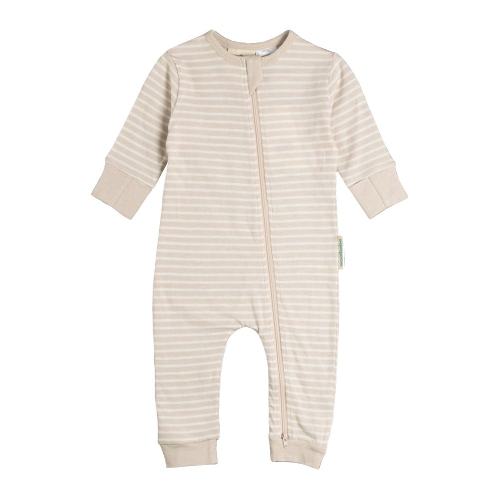 Beige striped woolbabe merino baby onesie with a zipper on a white background