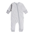 Gray and white striped woolbabe baby onesie with a zipper on a white background