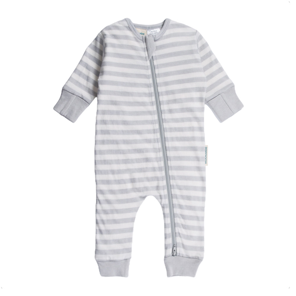 Gray and white striped woolbabe baby onesie with a zipper on a white background