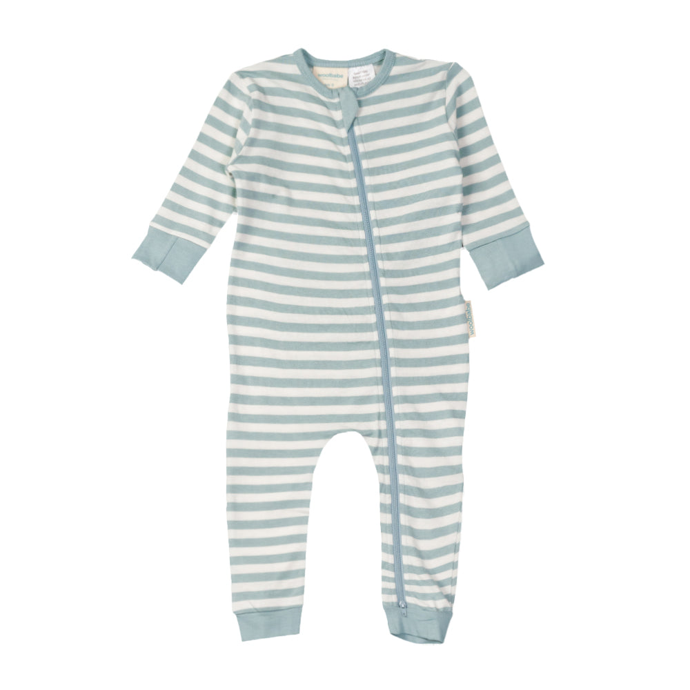 Striped baby woolbabe onesie with blue and white colors on a white background