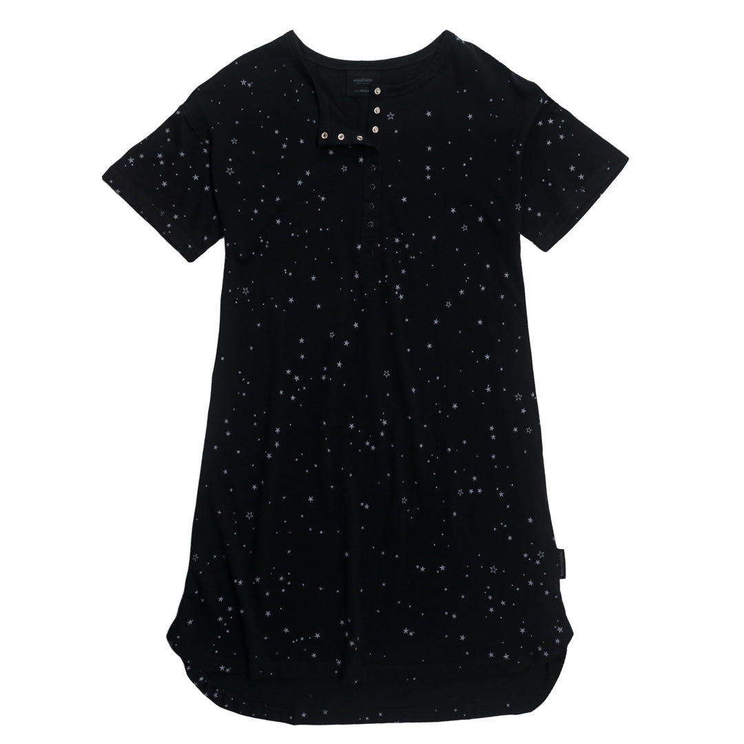 Black dress henley breastfeeding access with star pattern on a white background