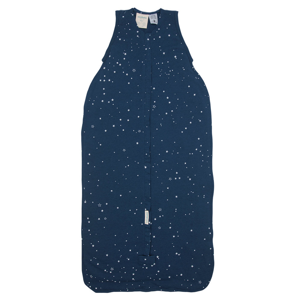 Navy blue woolbabe sleeping bag with star pattern on a white background