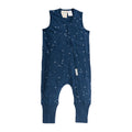 Navy blue baby sleep suit for summer with star pattern on a white background