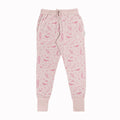 Pink adult lounge pajama pants with mermaid pattern on a white background