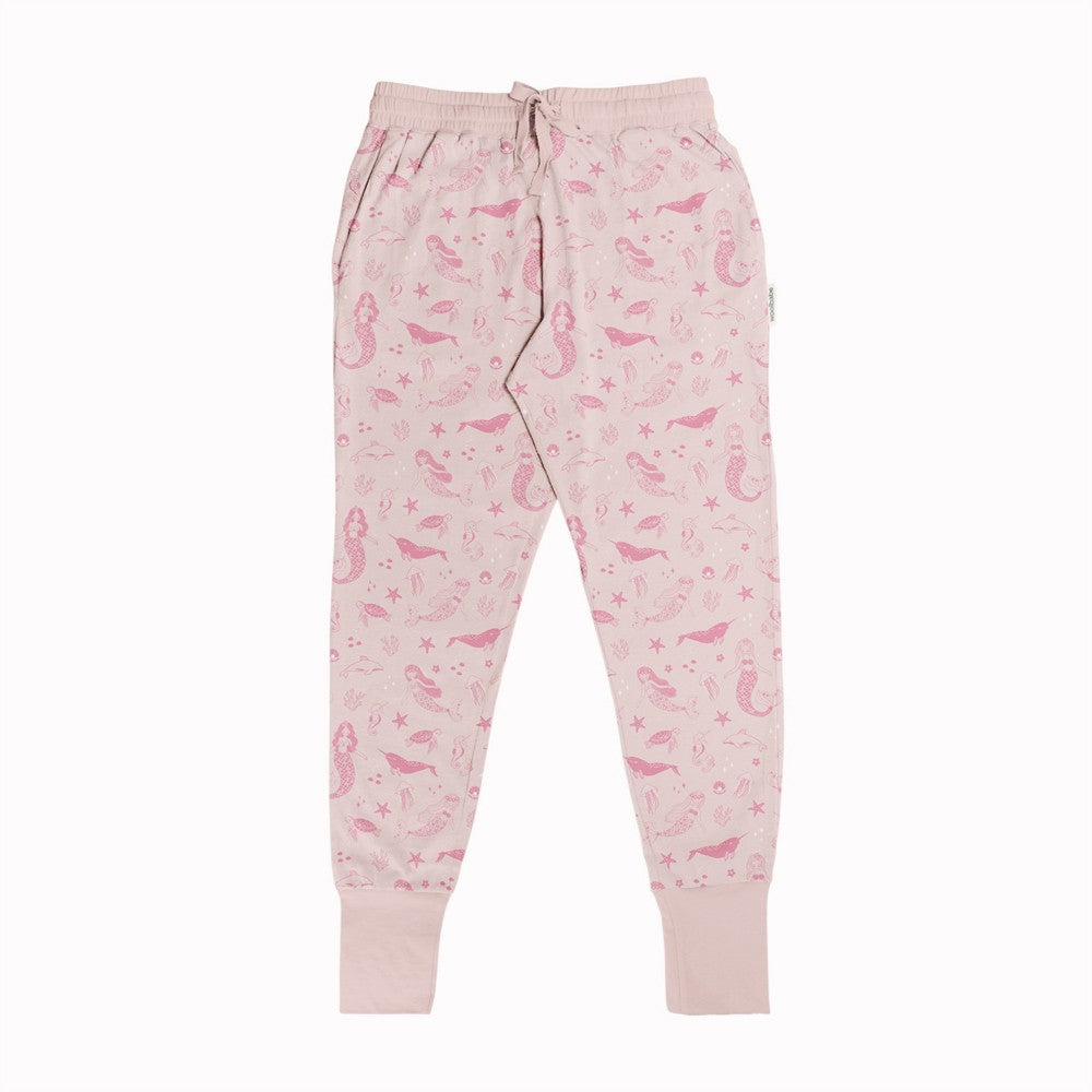 Pink adult lounge pajama pants with mermaid pattern on a white background