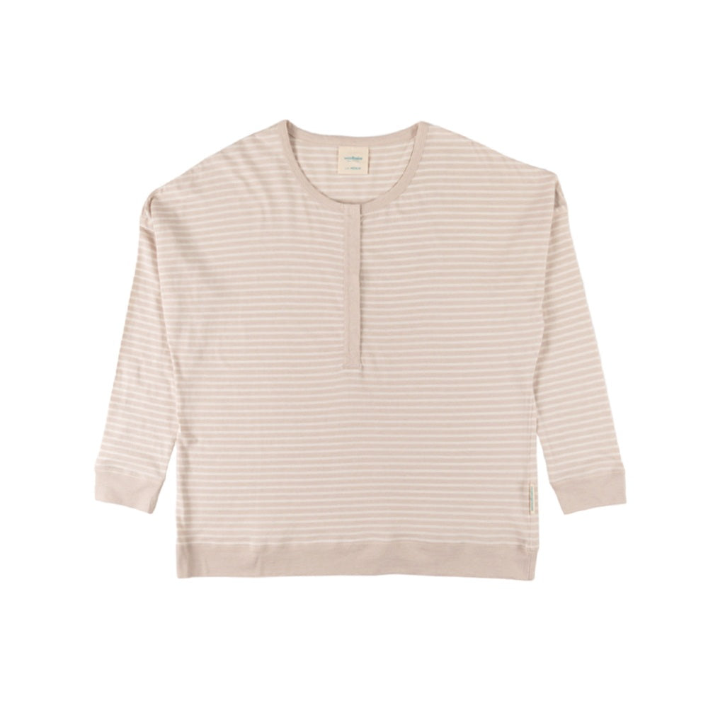 Beige striped long-sleeve PJ top  on a white background