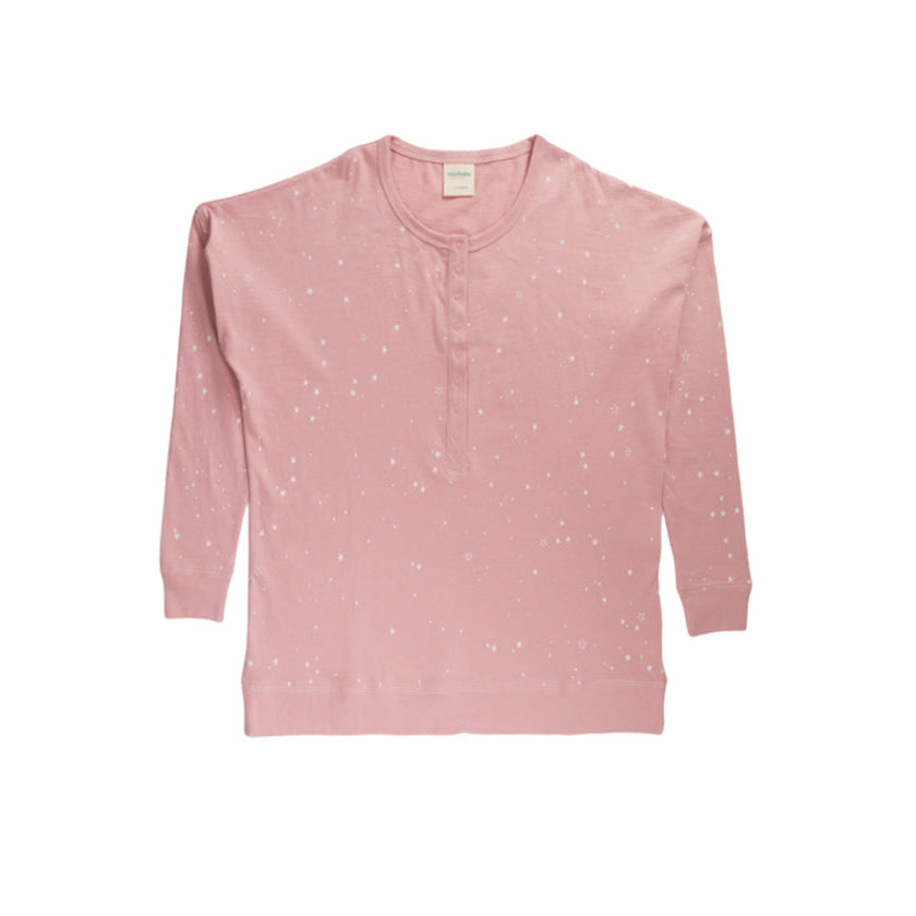 Pink long-sleeve breastfeeding PJ top with small white patterns on a white background