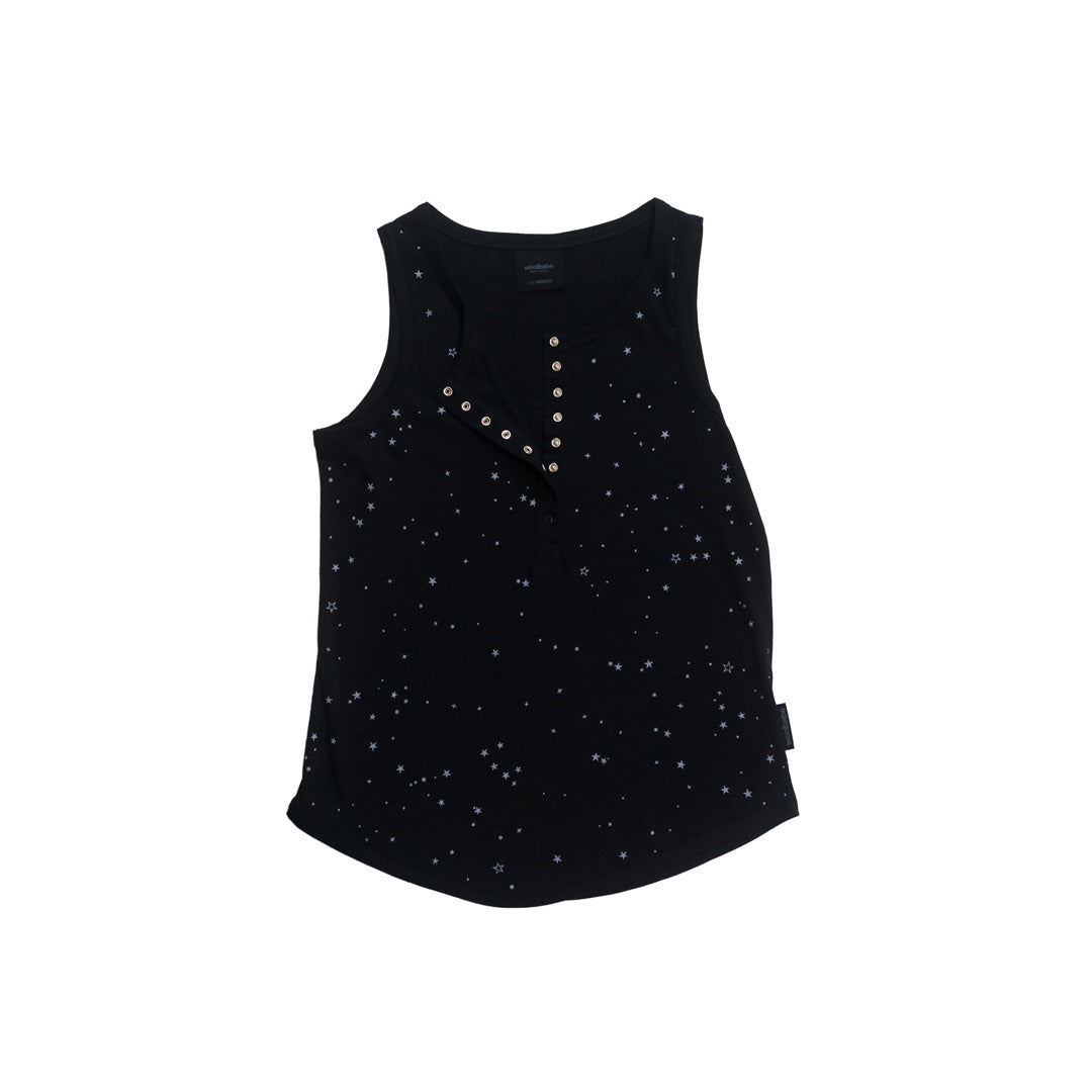 Black sleeveless top with breastfeeding access snaps on a white background