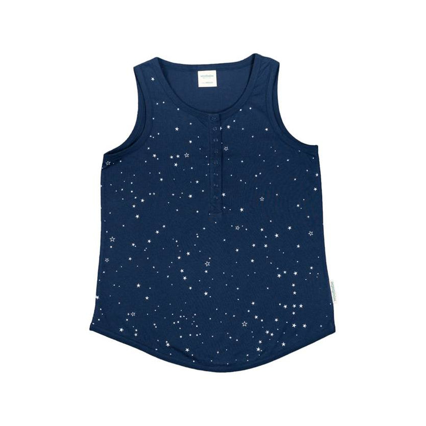 Navy blue woolbabe lounge  tank top with star pattern on a white background