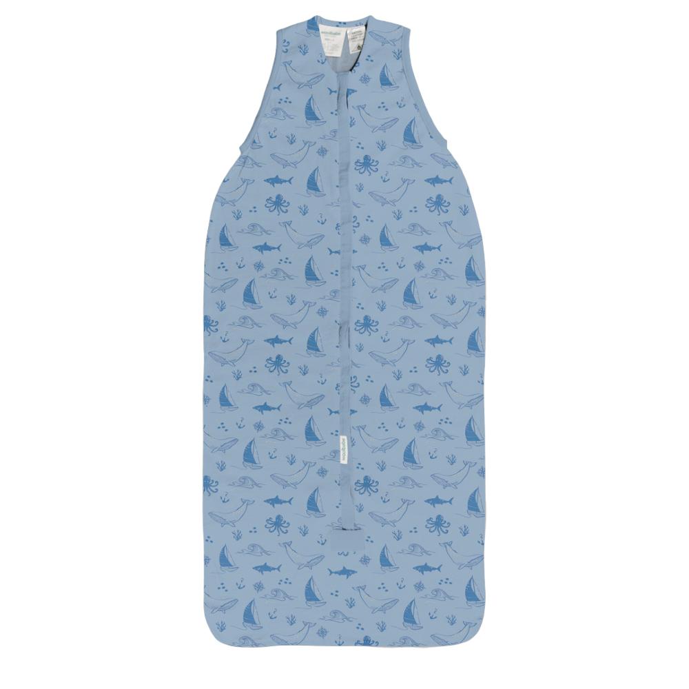 Blue Woolbabe sleeping bag with marine animal pattern on a white background