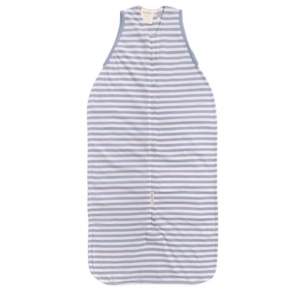 Blue and white striped sleeveless woolbabe sleeping bag on a white background