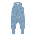 Blue sleeveless child's sleep onesie with animal pattern on a white background