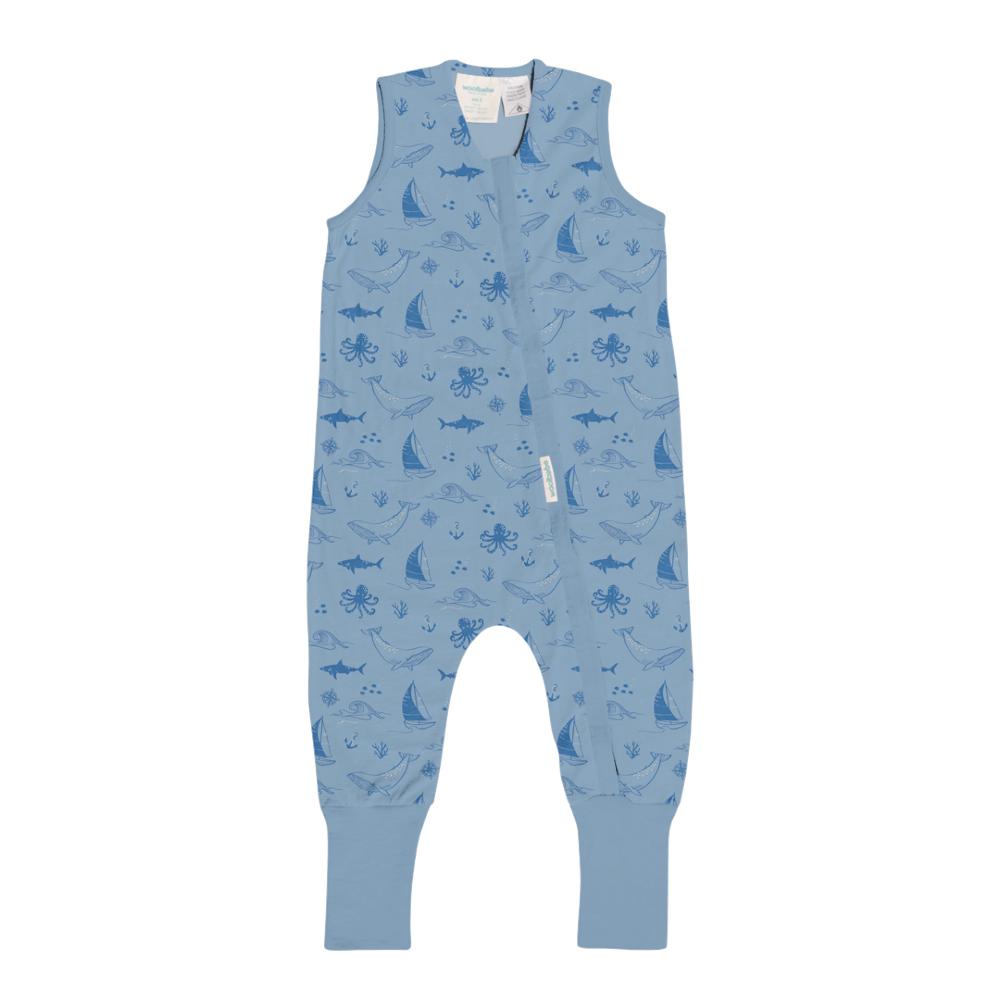 Blue sleeveless child's sleep onesie with animal pattern on a white background
