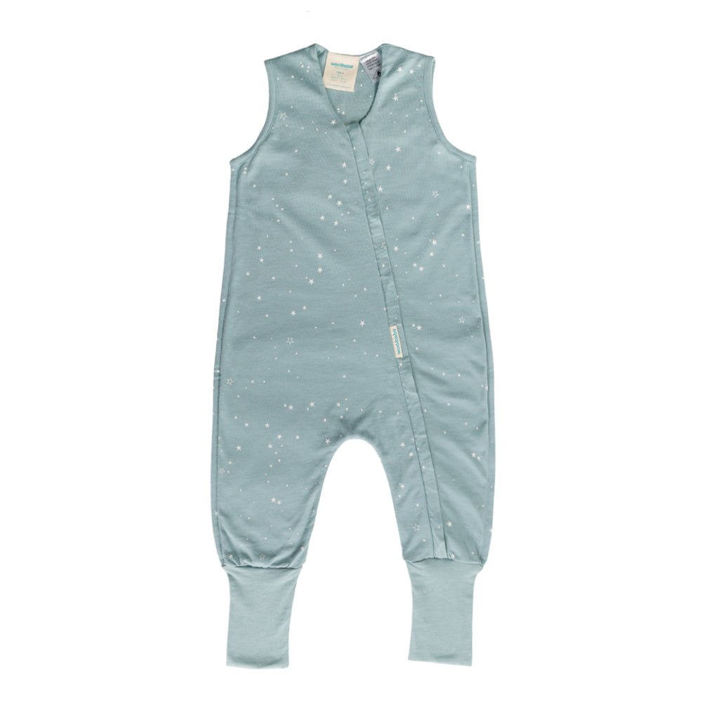 Light blue merino sleep onesie with star pattern on a white background